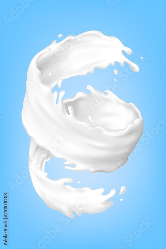Big milk splash and pouring vector realistic illustration isolated on blue background