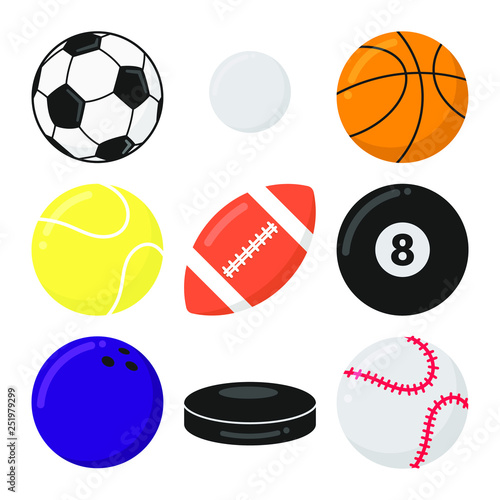 Sport games balls flat style design vector illustration set isolated on white background. Soccer  ping pong  basketball  tennis  football  billiards  bowling  puck  baseball - symbols of sport games.