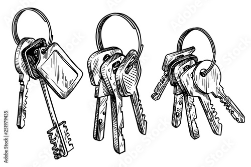 sketch hand drawn bunch of keys on white background
