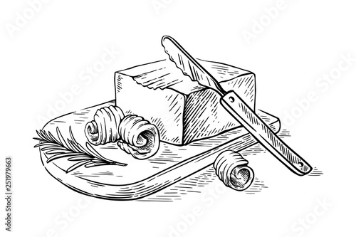 sketch hand drawn Curls of butter on wooden cutting board vector
