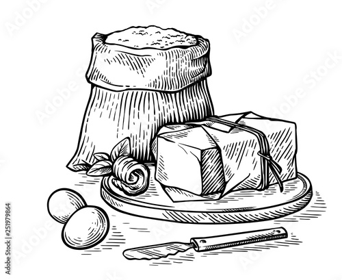 sketch hand drawn Sack with flour and eggs and butter on wooden board vector