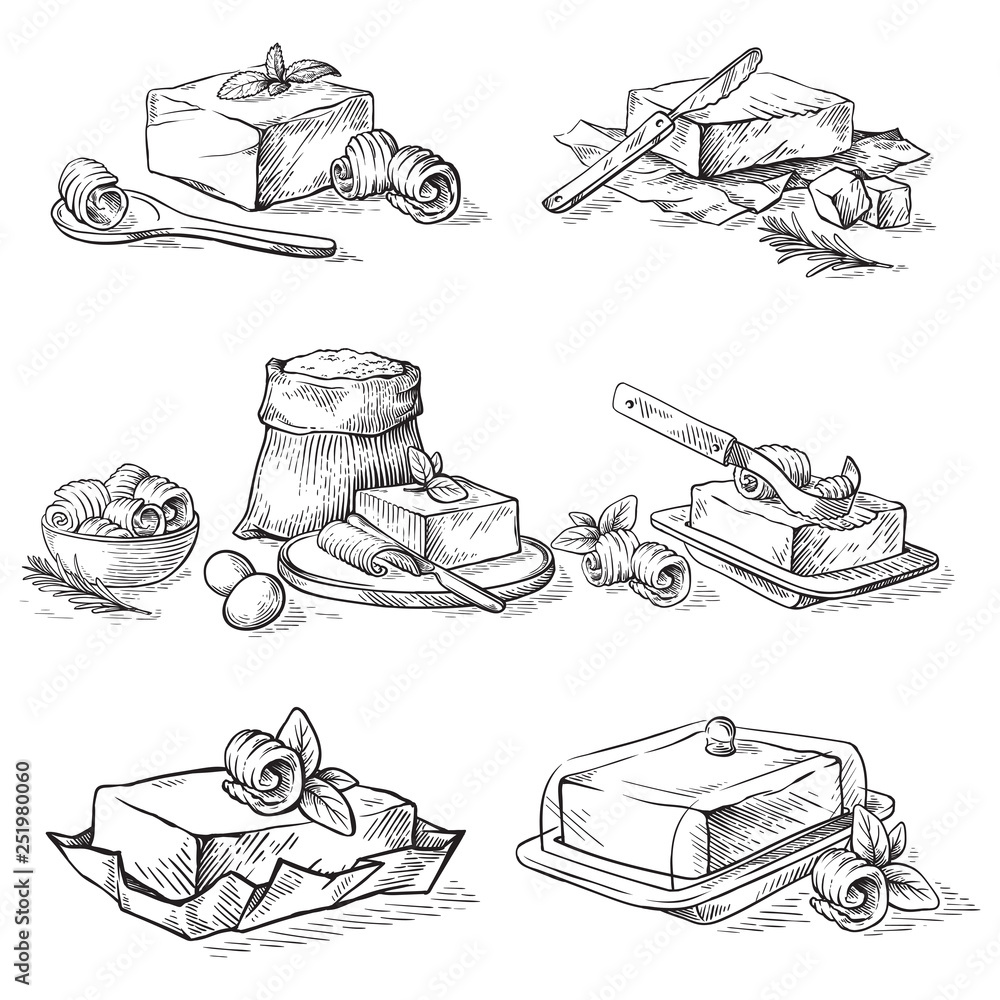 sketch hand drawn sketch hand drawn butter bread butterdish culinary