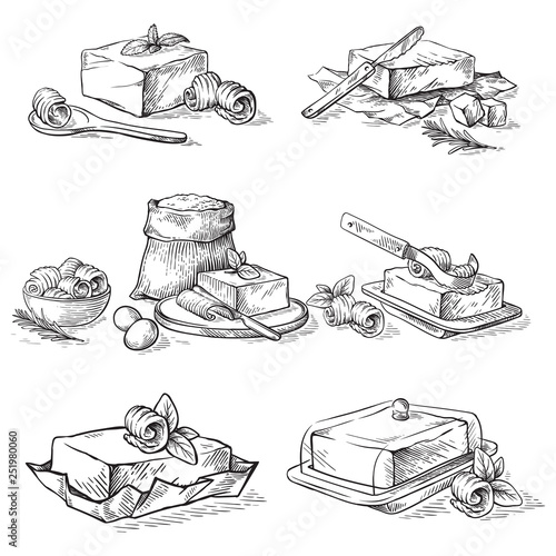 sketch hand drawn sketch hand drawn butter bread butterdish culinary elements vector photo