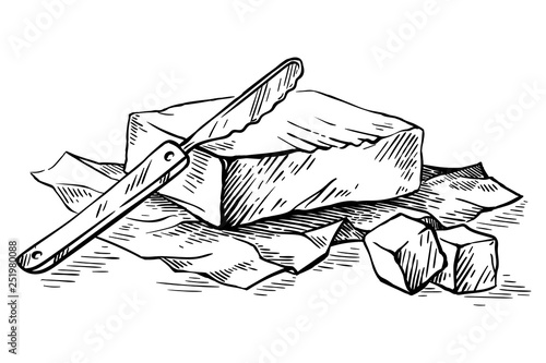 sketch hand drawn piece of butter wrapped in paper wrap and butterknife on white background vector