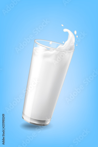 flow cow milk crown splash closeup cup glass blue background vector
