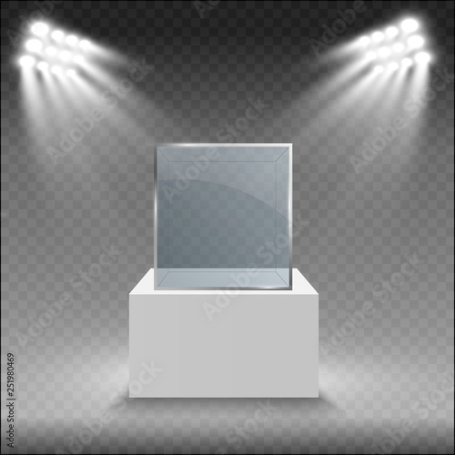 Glass showcase for the exhibition in the form of a cube. Background for sale illuminated by spotlights. Museum glass box isolated advertising or business design boutique. Exhibition hall