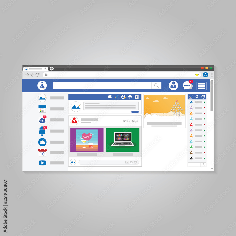 Naklejka premium Ikona płaski szablon witryny sieci społecznościowych. Koncepcja interfejsu strony społecznościowej. Na białym tle z szarym tłem. Ilustracji wektorowych.