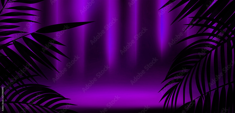Golden tunnel. The background is an empty corridor. Tropical leaves in a dark room, neon light, smoke. Brick walls, neon rays. 3D rendering Golden tunnel. The background is an empty corridor. Tropical leaves in a dark room, neon light, smoke. Brick walls, neon rays. 3D rendering