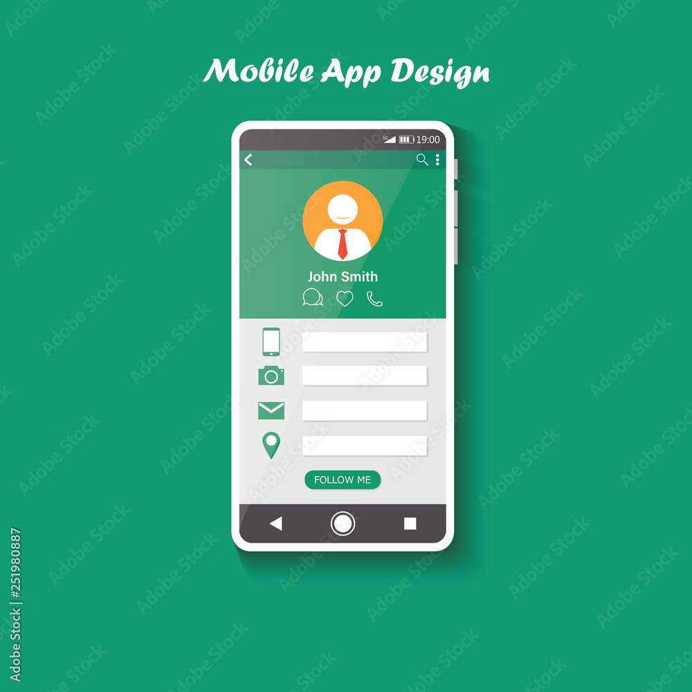 Model of smartphone with user app on the screen. Clean design template for mobile ui concept. Application of social networking media. Isolated in light green background. Vector illustration. Model of smartphone with user app on the screen. Clean design template for mobile ui concept. Application of social networking media. Isolated in light green background. Vector illustration.