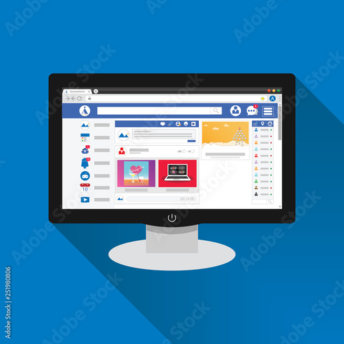 Social networking website on monitor screen design. concept of Social Page Interface on web page browser display. Vector illustration.