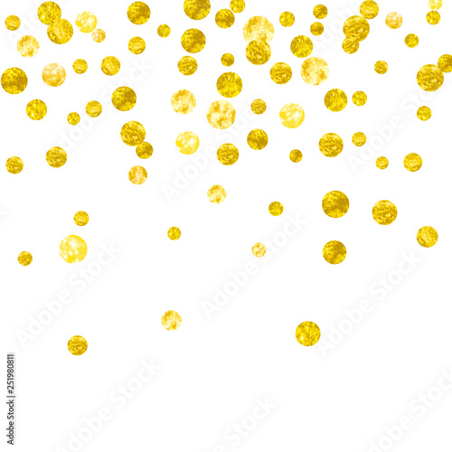 Gold glitter dots confetti on isolated backdrop. Falling sequins with shimmer and sparkles. Template with gold glitter dots for party invitation, bridal shower and save the date invite.