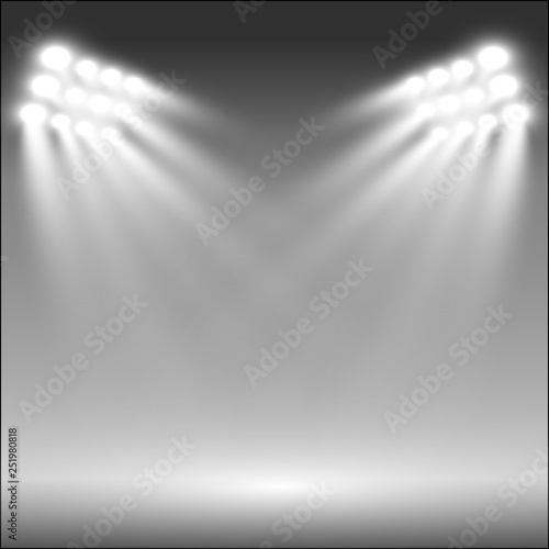 Stadium floodlights brightly illuminate evening or night sports games, concerts, shows, events. Isolated on a transparent background. Arenas of bright spotlights. Bright lights. Illuminated scene.