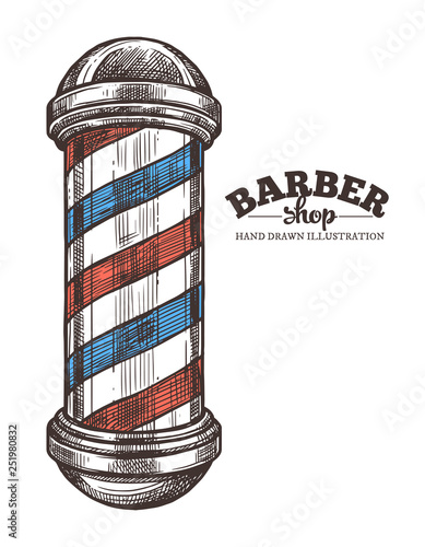 Barbershop hand drawn pole isolated on white background. Sketch vector illustration in retro engraving style