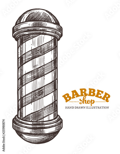 Barbershop hand drawn pole isolated on white background. Sketch vector illustration in retro engraving style