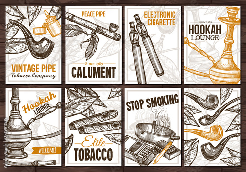 Collection of vector hand drawn posters with tobacco and smoking collection cigarettes, cigars, hookah, tobacco leaves, pipes. Set of monochrome sketch cards with typographic