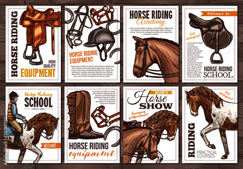 Collection of vector hand drawn posterss for horse riding, school, lessons, equestrian club or academy, horseback equipment. Cards with sketch illustrations with typography