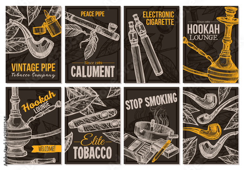 Set of vector hand drawn posters with tobacco and smoking collection: cigarettes, cigars, hookah, tobacco leaves, pipes. Collection of trendy sketch cards with typographic on the chalkboard