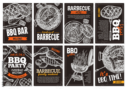 Set of vector hand drawnbarbecue posters with grilled food, sausages, chicken, french fries, steaks, fish, BBQ bar and party welcome. Collection of trendy sketch cards with typographic on the chalkboa