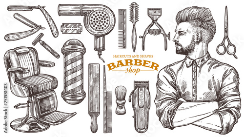 Vector collection of hand drawn barbeshop tools and accessories with hipster model man. Sketch vintage illustration of shaving and hairdresser equipments: razor, comb, scissors, barber shop pole