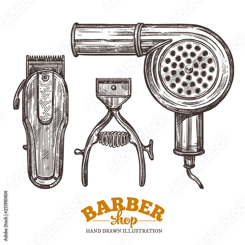 Vector collection of hand drawn isolated barbeshop tools and accessories in engraving style. Sketch vintage illustration of shaving and hairdresser equipments