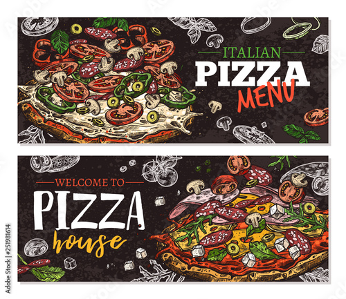 Vector hand drawn pizza pizzeria horizontal banners with chalkboard background. Design with sketch illustrations