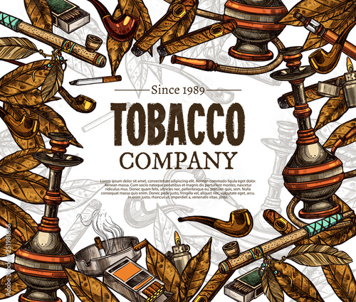 Vector hand drawn posters with tobacco and smoking collection. Colorful sketch background with cigarettes, cigars, hookah, tobacco leaves, pipes