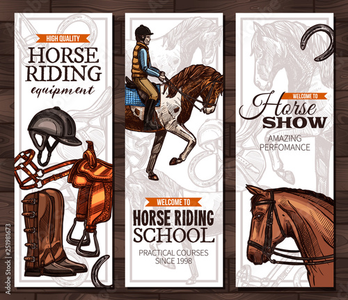 Vector hand drawn vertical banners with horses, equestrian sport and equipment for horseback riding. Design with sketch engrawind illustration