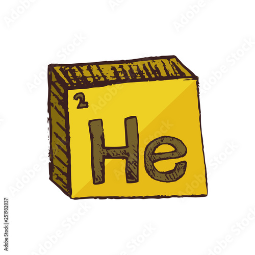 Vector three-dimensional hand drawn yellow chemical symbol of noble gas helium with an abbreviation He from the periodic table of the elements isolated on a white background.