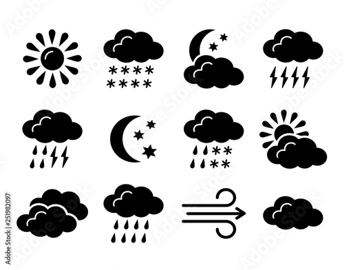 Weather forecast symbol collection. Flat icon set for sunny, rainy, cloudy days. Black & white meteo, climate signs. Isolated object