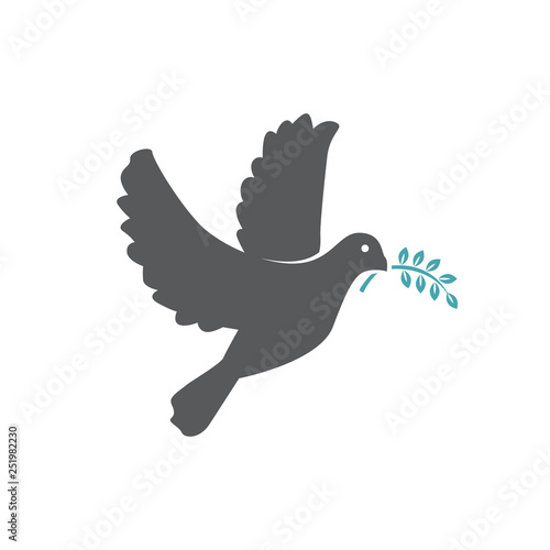 The vector illustration a pigeon holds in a beak a branch with leaves. Set of two vector icons. The good news in an image of a bird with a world symbol. Flat design Monochrome