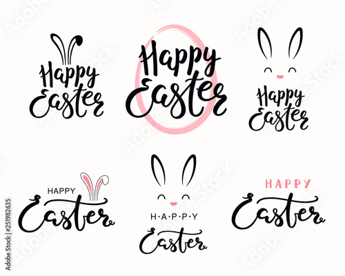 Set of hand written calligraphic lettering quotes Happy Easter, with egg outline, bunny face. Isolated objects on white background. Hand drawn vector illustration. Design concept for card, banner.