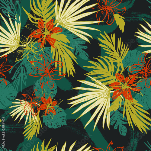 Beautiful Exotic Flowers and Leaves Pattern Vector  Illustration for Surface , Invitation , Notebook, Banner , Wrap Paper ,Textiles, Cover, Magazine ,Postcard Background ,Textile , Wallpaper, Fashion 