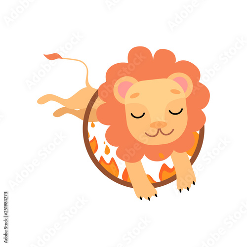 Leo Jumping Through Ring of Fire, Cute Funny Animal Performing in Circus Show Vector Illustration