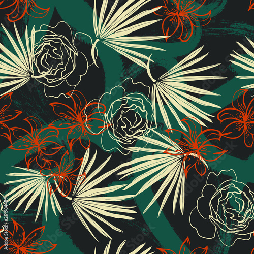 Beautiful Exotic Flowers and Leaves Pattern Vector  Illustration for Surface , Invitation , Notebook, Banner , Wrap Paper ,Textiles, Cover, Magazine ,Postcard Background ,Textile , Wallpaper, Fashion 
