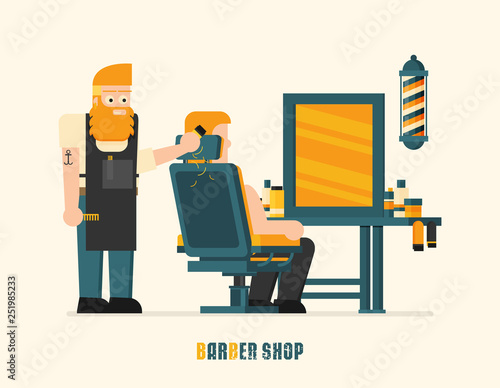 Young hipster man barber in barber shop. vector flat design illustration