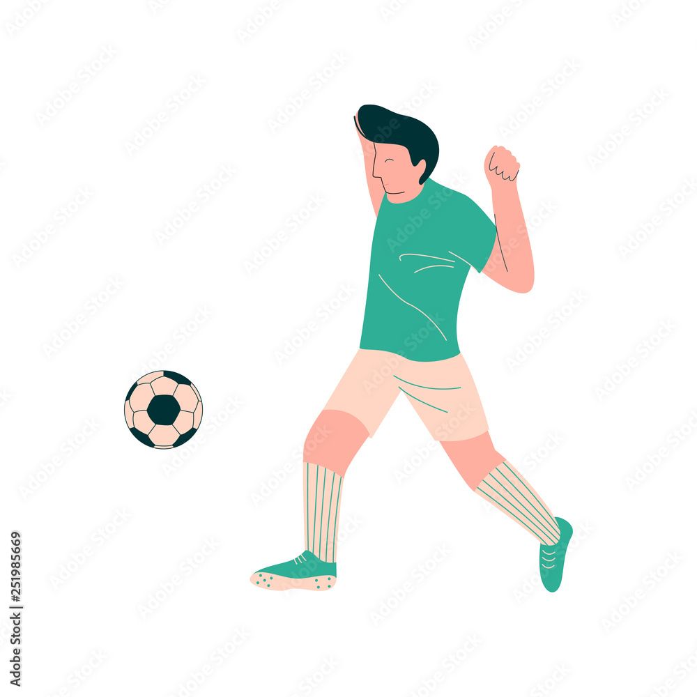 Soccer Player Shooting Ball, Male Footballer Character in Sports Uniform Vector Illustration