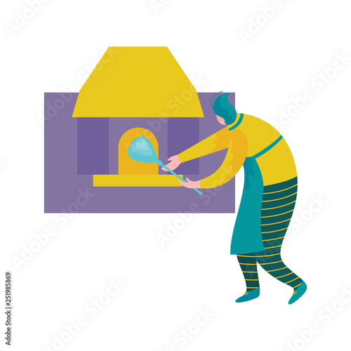 Man Working with Glass, Male Glassblower or Glassworker Character Melting Glass in Furnace, Hobby or Profession Vector Illustration