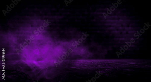 Dark empty room, old brick walls, concrete floor, smoke, pyal, smog. Violet abstract light, night view.