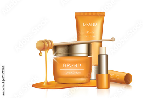 Cosmetic realistic vector illustration. Yellow jar with cream, lotion tube and hygienic lipstick with honey drips, organic cosmetics, natural spa formula for skincare, isolated on white background