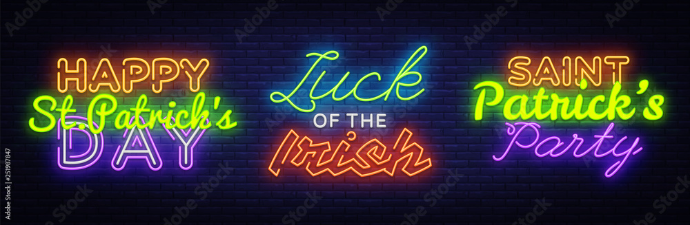 Big set neon signboard for St. Patrick's Day. Happy Saint Patrick's Day neon sign, design template, modern trend design, night neon signboard, night bright advertising. Vector illustration Big set neon signboard for St. Patrick's Day. Happy Saint Patrick's Day neon sign, design template, modern trend design, night neon signboard, night bright advertising. Vector illustration