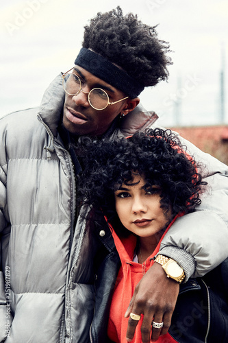 Couple embracing outdoors