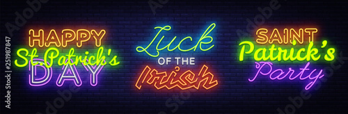 Big set neon signboard for St. Patrick's Day. Happy Saint Patrick's Day neon sign, design template, modern trend design, night neon signboard, night bright advertising. Vector illustration