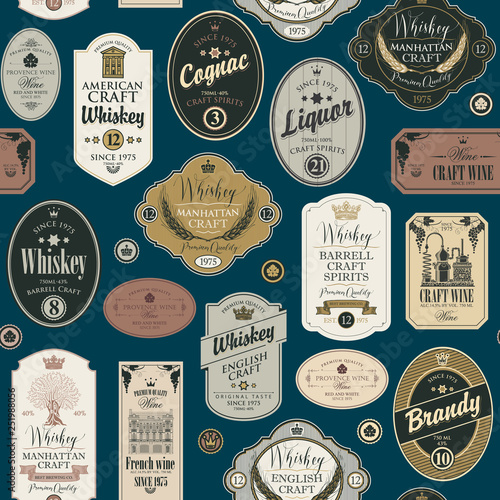 Vector seamless pattern with collage of labels for various alcoholic beverages in retro style with inscriptions of whiskey, liquor, cognac, wine, brandy, craft wine.