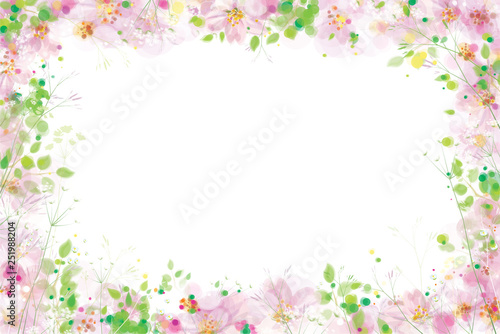 Vector floral frame. Pink flowers and green leaves.