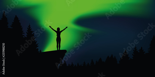 happy girl with raised arms at forest polar lights landscape vector illustration EPS10