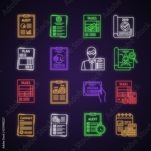 Audit neon light icons set