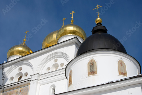 Dormition church. Kremlin in Dmitrov, old historical town in Moscow region, Russia. Color winter photo. Popular landmark.
