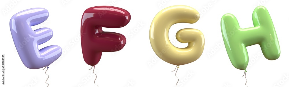 Brilliant balloons font. Alphabet letter e, f, g, h made of realistic elastic color rubber balloon. 3D illustration for your extraordinary balloon decoration in several concepts idea in many occasion - obrazy, fototapety, plakaty 