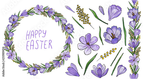 Crocus wreath with mimosa and isolated hand-drawn flowers 