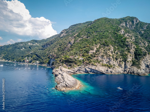 Fototapeta Naklejka Na Ścianę i Meble -  Aerial view of rocks and sea, Punta Chiappa, Portofino, Italy